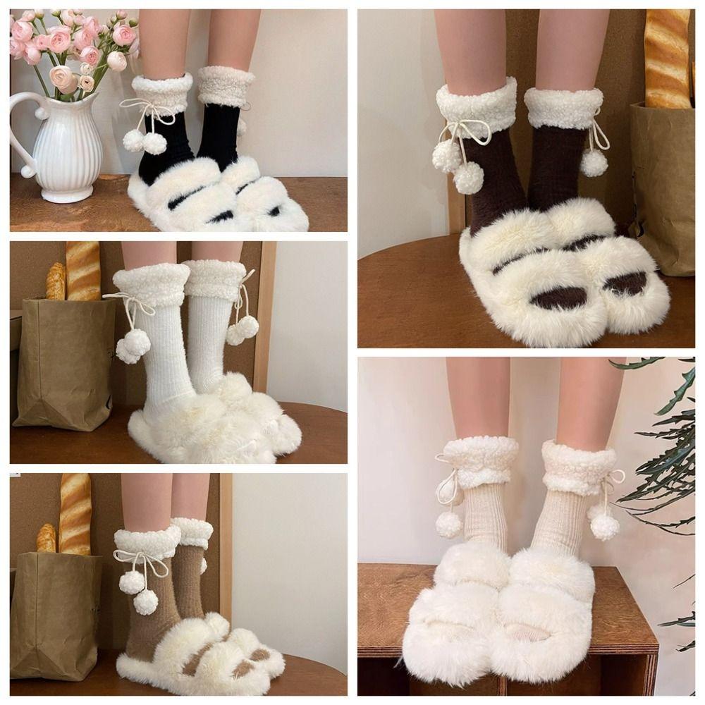 Plush Balls Winter Socks Women Y2K Coral Fleece Socks Kawaii Woolen Lolita Socks  Winter