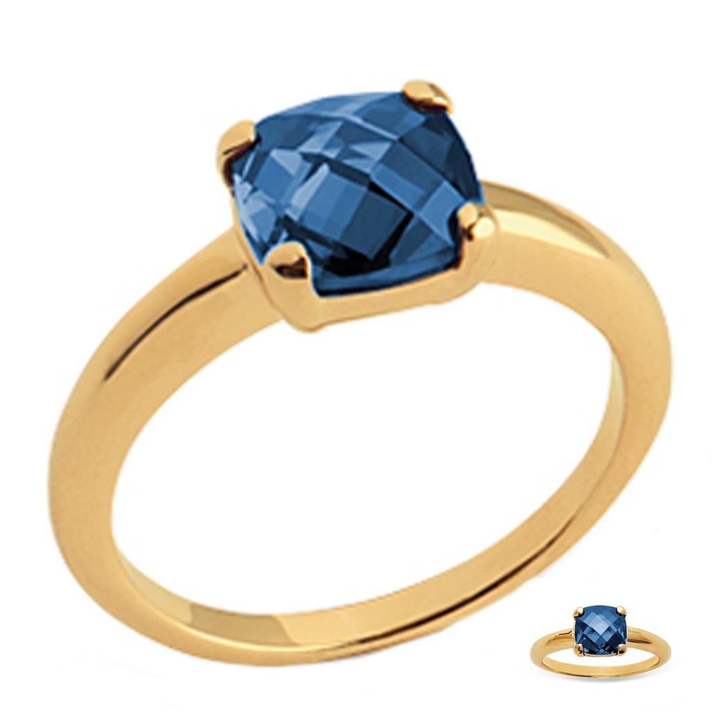 Gold Plated Ring 'Unique' Golden Sapphire Blue - 8x8 Mm
