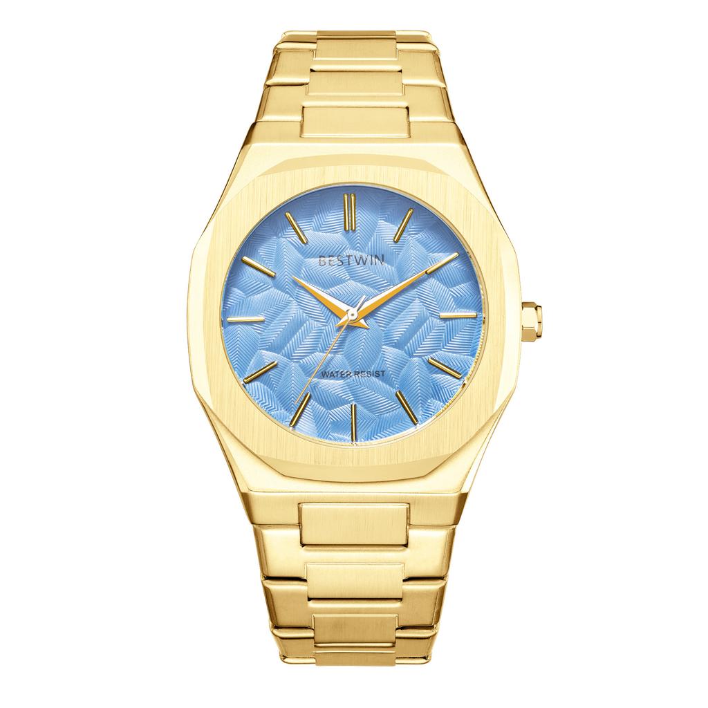 Men's Quartz Watch Embossed Leaf Dial Steel Band Waterproof Fashion Male Wristwatch Premium Quality Steel Strap Business Watches