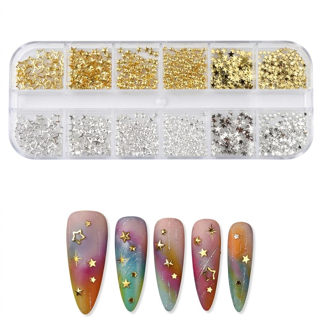 12-Grid Mixed Size Gold Silver Metal Star Nail Decorations Alloy Plating Craftsmanship For Manicure DIY