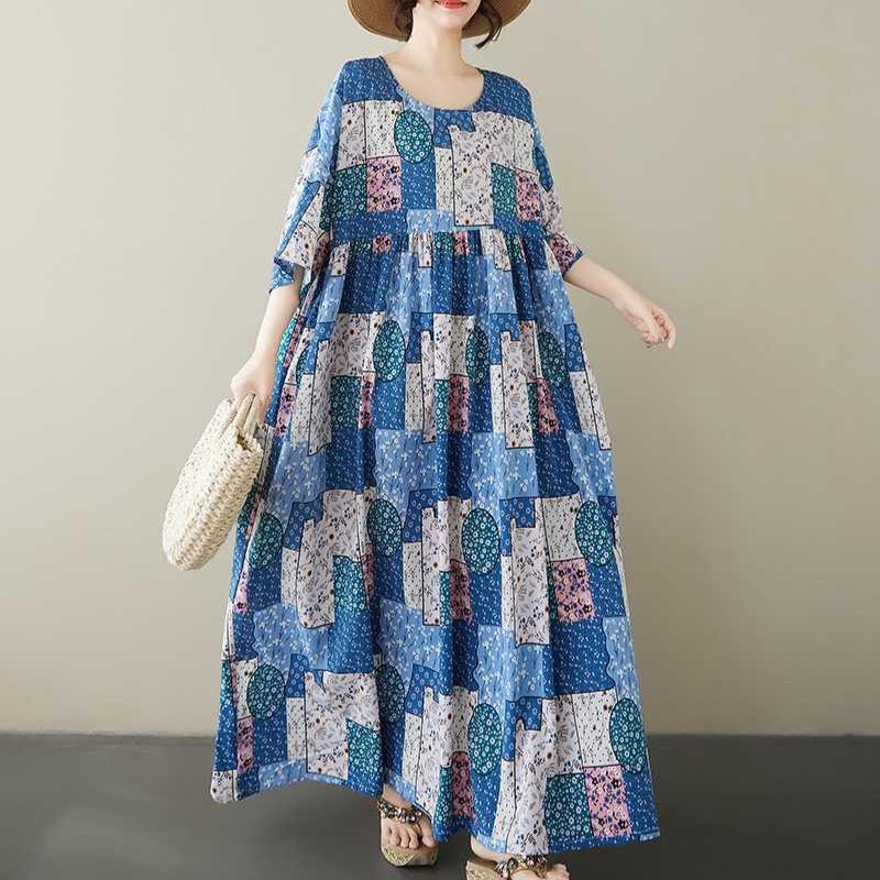 Round Neck Short Sleeved Artistic Retro Casual Loose Women's Dress