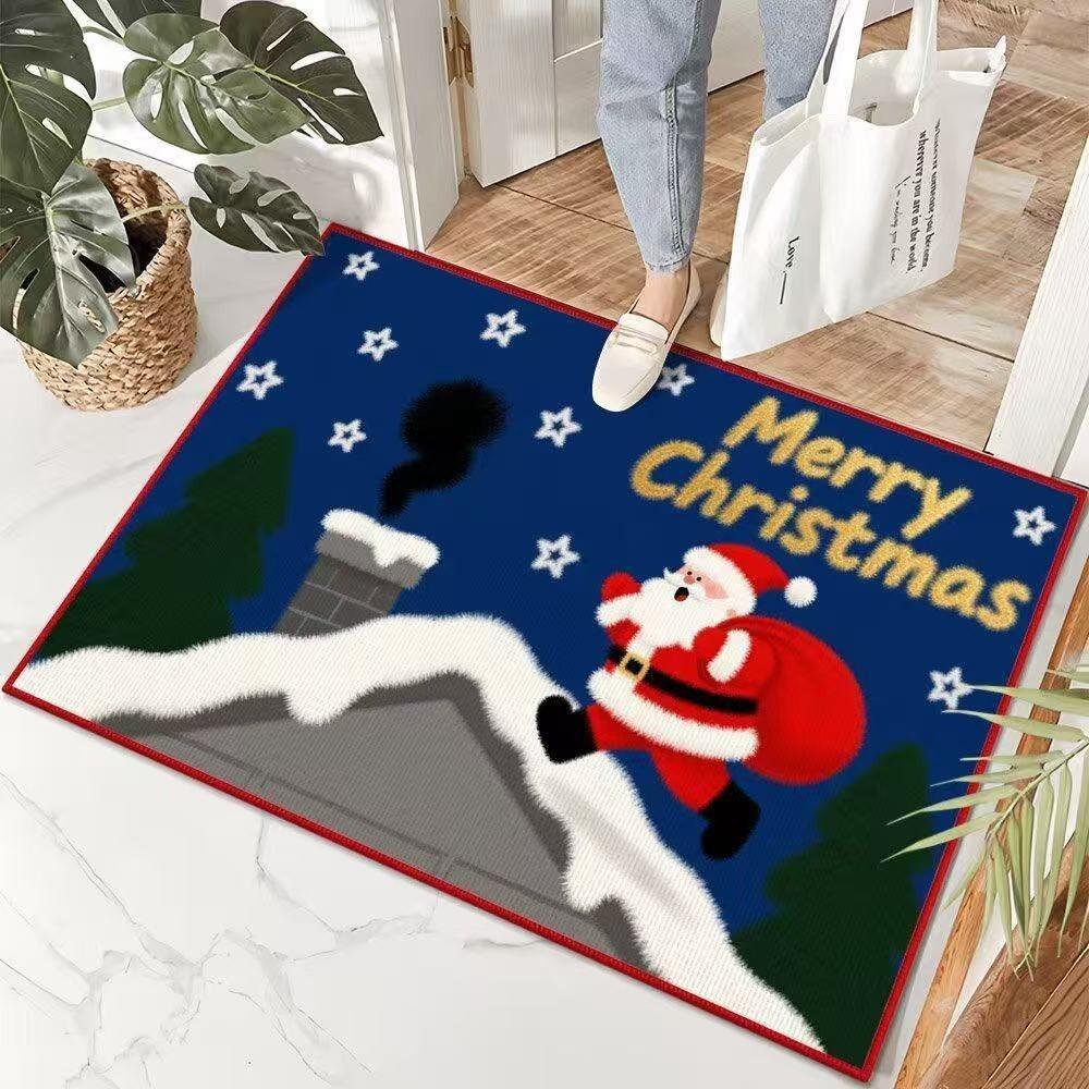 Visual Velvet Christmas Door Mat with Santa Claus Reindeer Patterns Floor Mat for Home Entrance Decor Adding Festive Joy