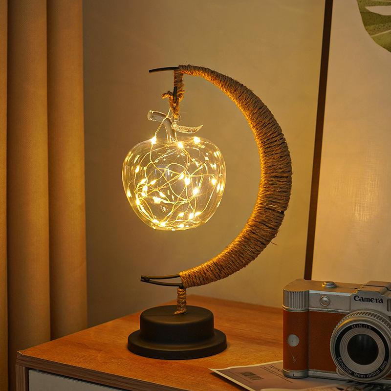 LED Star and Moon Vine Ball Desk Lamp with Hemp Rope and Iron Art - USB Decorative Night Light