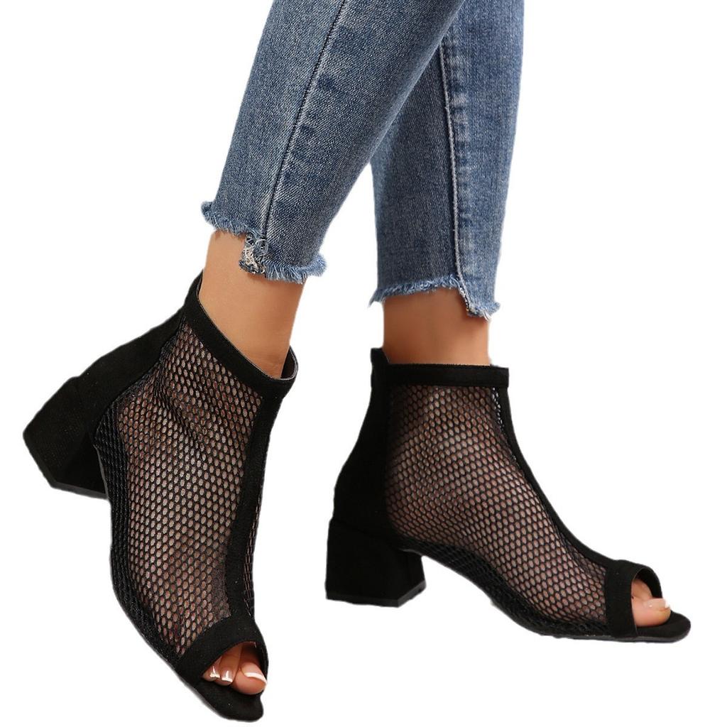 Coarse Heel Sandals Mesh Cool Boots Women's 2025 Summer New Thin Short Boots High Heels Hollow Mesh Boots Women's High Heels