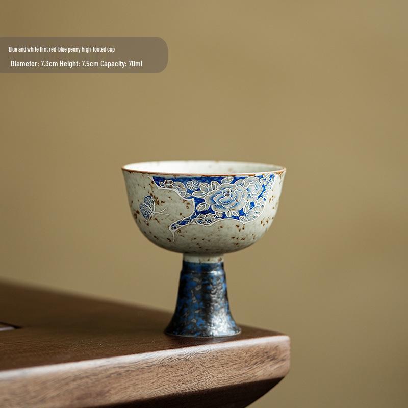 Retro Blue & White Peony High-Footed Ceramic Tea Tasting Cup - For Personal Use