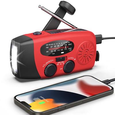 Portable Solar Emergency Radio with Hand Crank, AM FM WB, 2000mAh, Rechargeable Power Bank Red