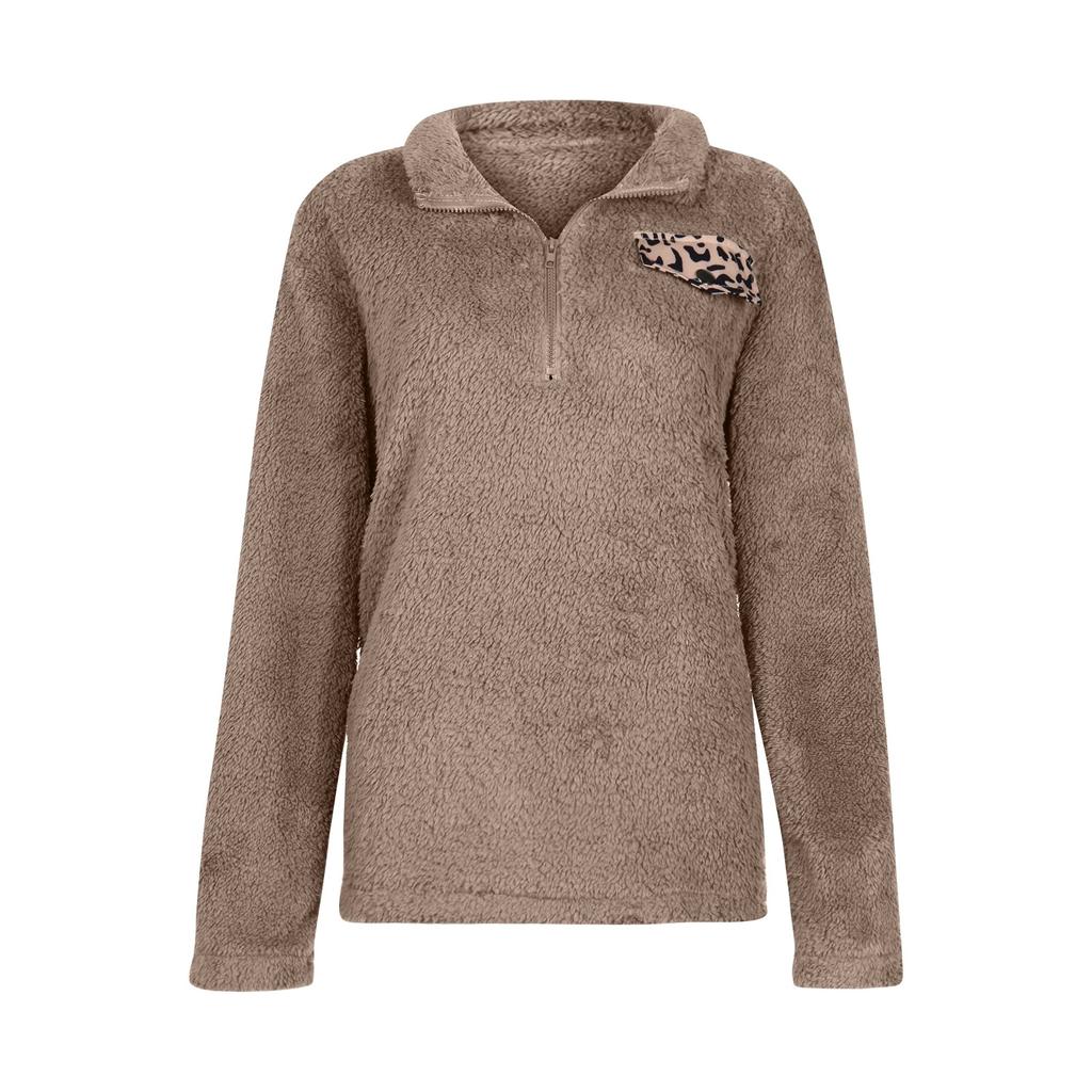 Women's Fashion Stand Collar Zipper Plush Jacket Leopard Print Stitching Loose Plush Sweater