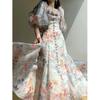 Spring Summer Women's Floral Print Puff Sleeve Square Neck Midi Dress Button Front A-Line