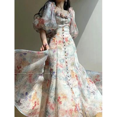 Spring Summer Women's Floral Print Puff Sleeve Square Neck Midi Dress Button Front A-Line
