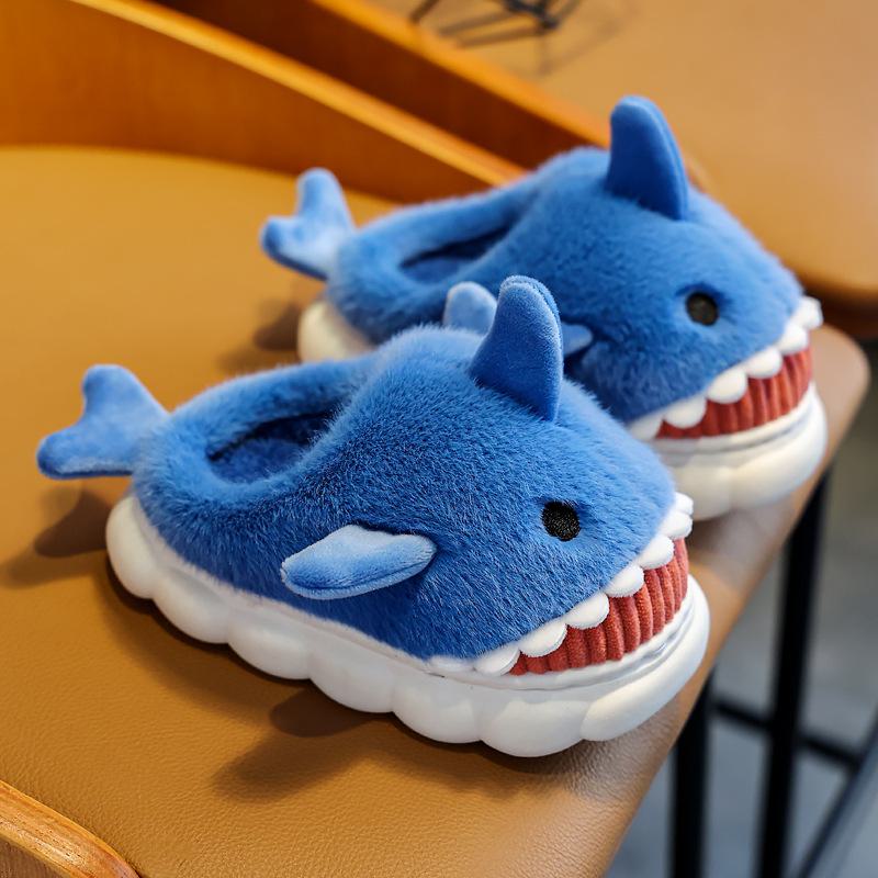 Boys' Cartoon Shark Cotton Slippers: Soft, Warm, Non-Slip Winter Shoes for Indoor Wear