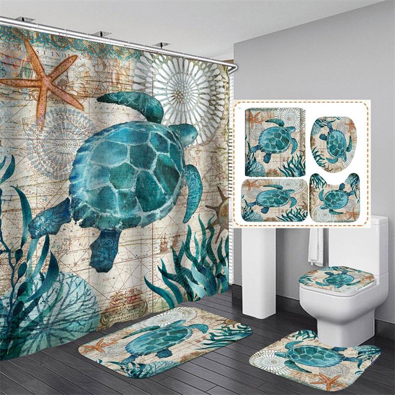3D Print Shower Curtain Waterproof Polyester Bathroom Curtain Anti-slip Bath Mat Set Toilet Rugs Carpet Home Decor 4PCS