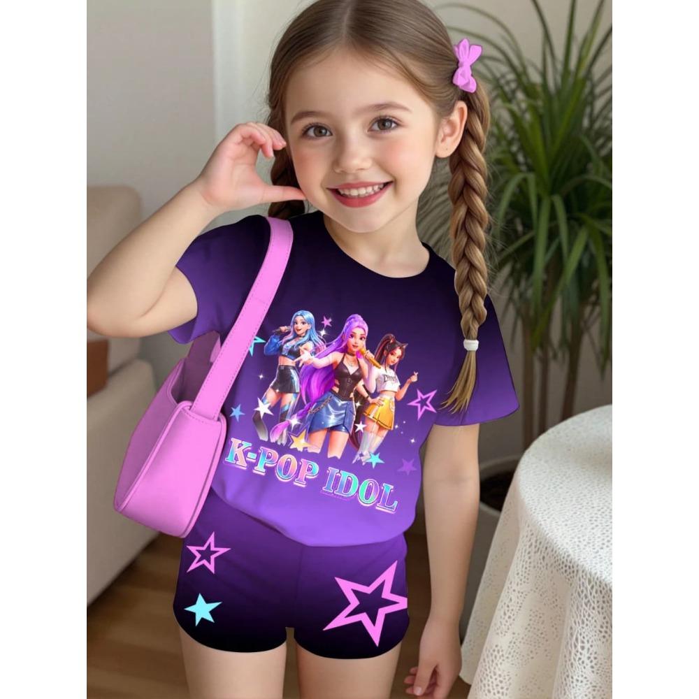 K-Pop-Cartoon-Grafik-T-Shirt- und Hosen-Set für Mädchen, Sommerkleidung für Mädchen, süßes Kurzarm-Set, Kinder-T-Shirt- und Shorts-Set