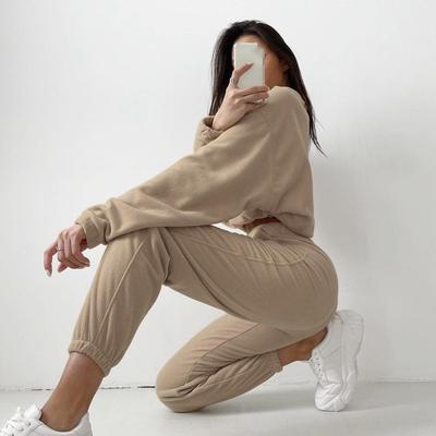 Frauen Einfarbig Langarm V-ausschnitt Hoodies Anzug Herbst Winter Lose Top Breite Bein Hosen