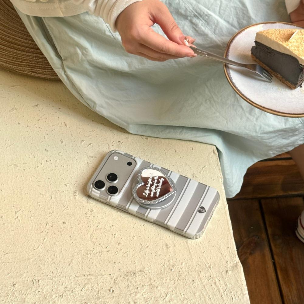 Korean Style Striped Heart Magnetic Mirror Case for iPhone 15/14/16/17 Pro Max