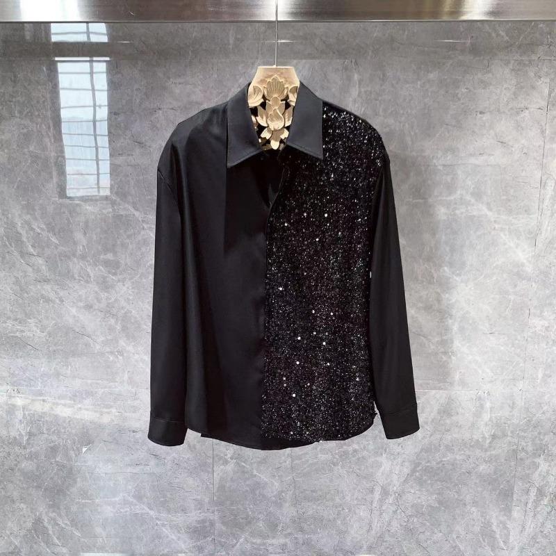 

Men Sequin Patch Shirt Long Sleeve Lapel Button Down Party Nightclub Sparkle Shirt for Men M чёрный