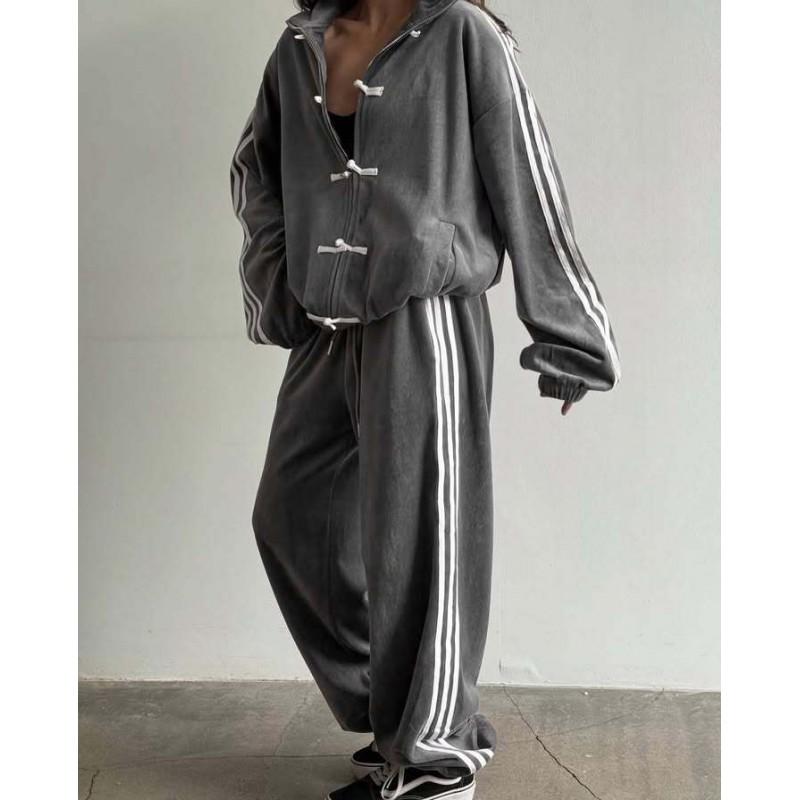 226 Fashion Button Striped Tracksuit Retro Stand Collar Jacket Wide Leg Sweatpants Two Piece Set
