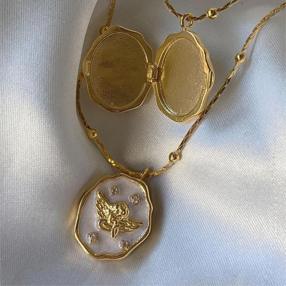 Vintage White Shell Angel Openable Photo Frame Pendant Necklace for Women Waterproof Zircon Choker Fashion Chic Jewelry