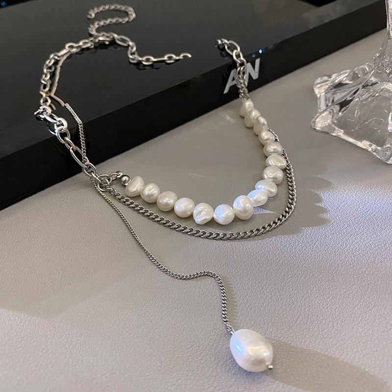 Baroque Freshwater Pearl Necklace Female Personality Design Multi-Layer Stacked Strap Chain Pearl Splicing Fringed Collarbone Neck Chain