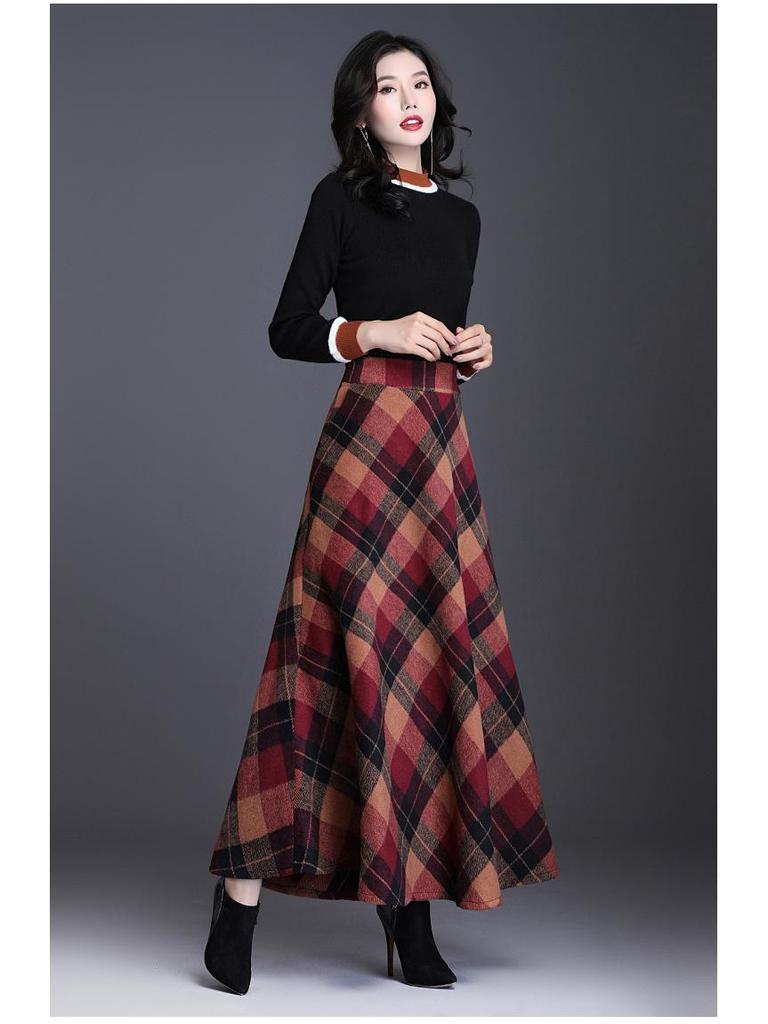 Women's 2024 Autumn/Winter Korean Plaid Wool-Blend A-Line Midi Skirt - Slimming, Thickened, Large Hem