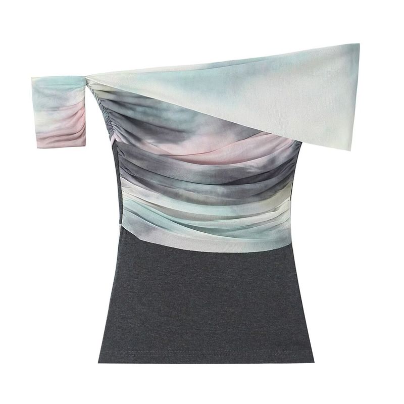 Zbzr Spring New Women clothes Western Style Fashion Slim fit Blooming Mesh Knitted Patchwork off-Shoulder T Top