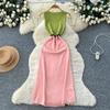French Contrasting Color V-neck Sleeveless Sweet Dress Women's Spring and Summer High Waist Slim and Thin A-shaped Skirt Commuter Temperament Dress