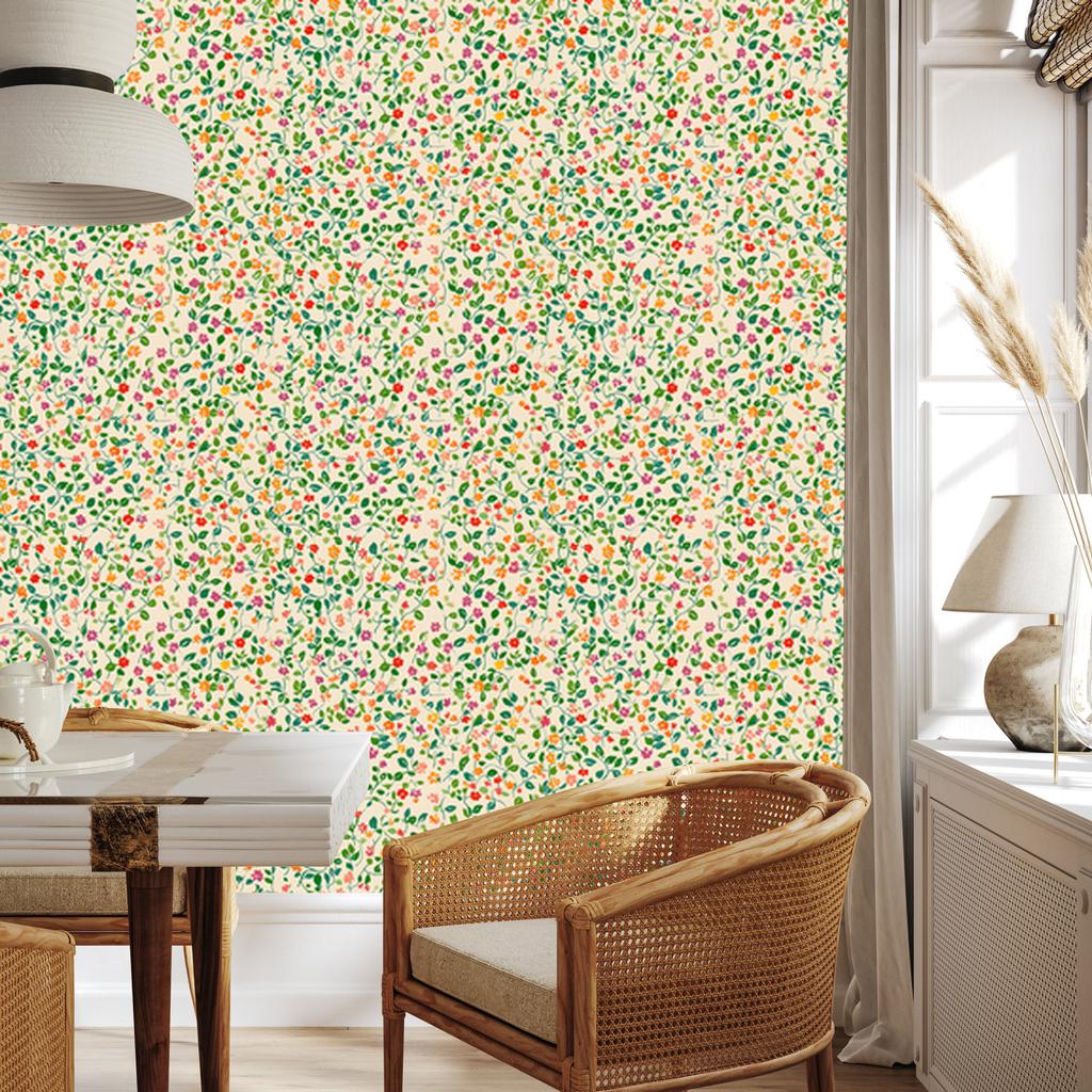 Wallpaper Small Flowers Cream, Beige, Lime and Green 50x1000