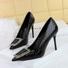 European American Style Banquet High Heels Stone-Patterned Patent Leather Shallow-Mouthed Pointed Rhinestone Buckle High Heels
