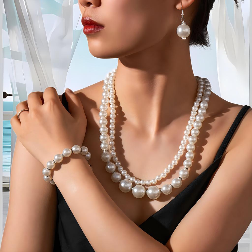 Hot Sale Bridal Jewelry Set Stylish Simple Handmade Imitation Pearl Beaded Necklace Bracelet Stud Earrings Women