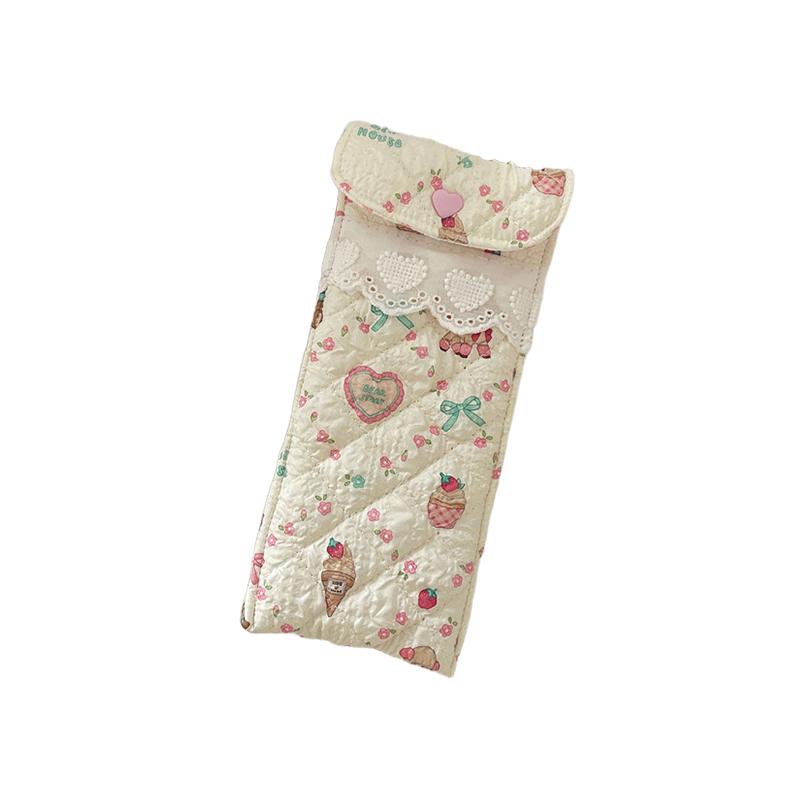 Kawaii Quilted Glasses Bag Cute Cartoon Eyeglasses Pouch Soft Cotton Sunglasses Case With Heart Button Lace For Women Girls