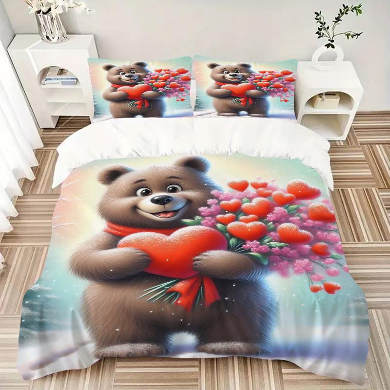 3pcs Anime Cartoon Bear Heart Bouquet Bedding Set - Includes One Quilt Cover and Two Pillowcases (No Core) - Polyester Fabric - Suitable for