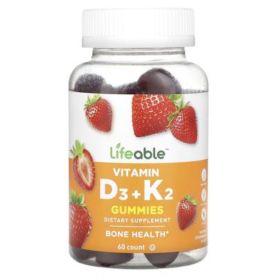 Vitamin D3 + K2 Gummibärchen, Natürlicher Erdbeergeschmack, 60 Gummibärchen