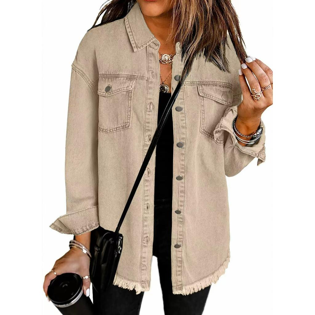 Washed Denim Shirt Jacket Women Autumn and Winter Personality Street Style Edging Hem Jacket Women