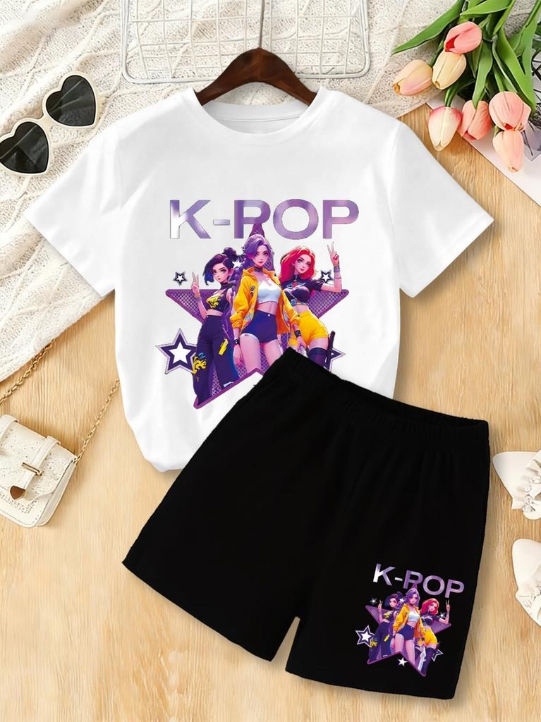 Summer Kpop Popular Cartoon Print Children Clothing Short Sleeve Shorts Set Featuring Casual Harajuku Children Clothes Girl Set