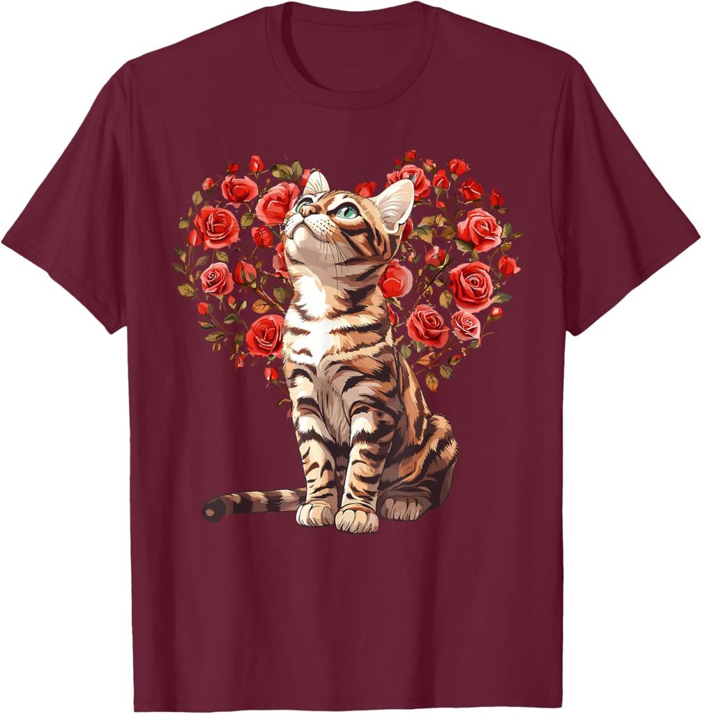Bengal Cat Heart Rose Floral T-Shirt Cute Cat Lovers Casual Daily Graphic Tee