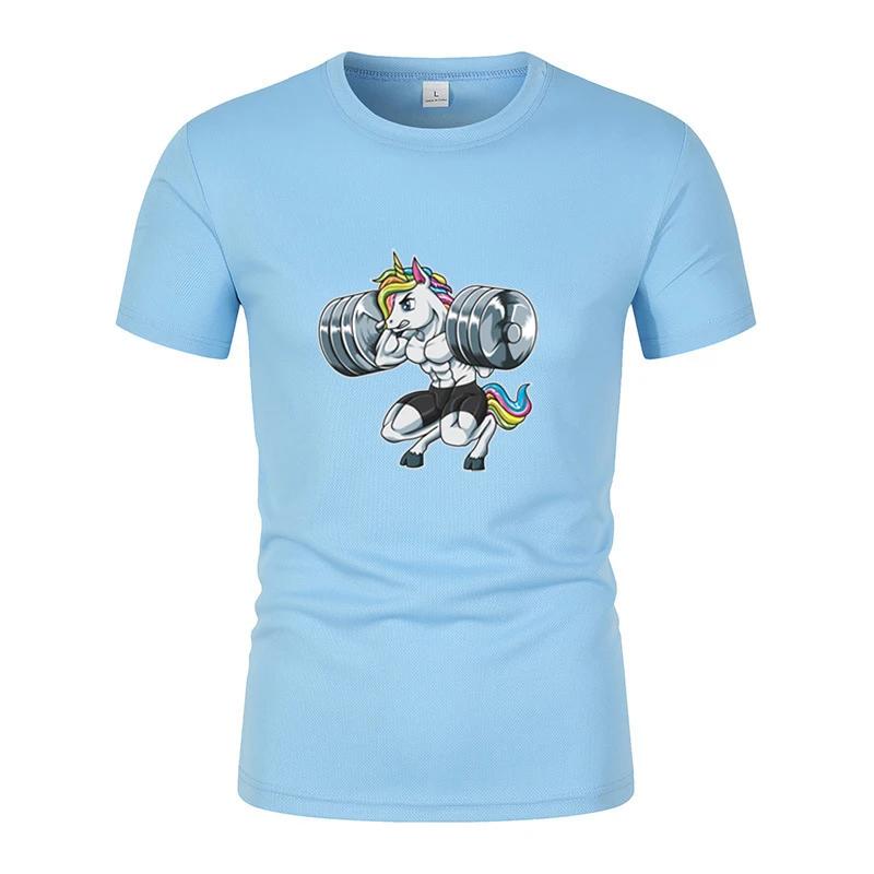 Fun Gym Unicorn Weightlifting Fitness Bodybuilding Printed Round Neck T-Shirt Summer Breathable Quick-Dryingcasual Short Sleeves