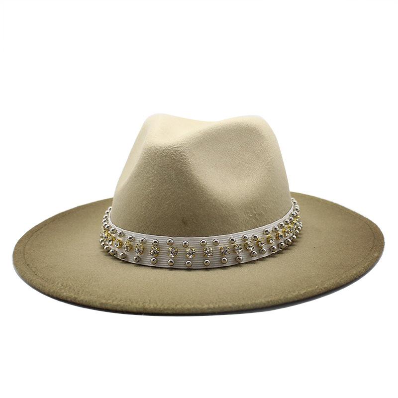 Hat Gradual Change Color Pearl Woolen Hat British Style Jazz Hat Big Brim Hat Ladies Top Hat