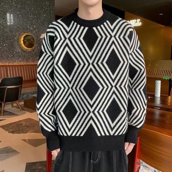 

Осенне-зимний мужской свитер с цветными блоками, вязаный толстый геометрический принт, свободный теплый, с круглым вырезом, с длинным рукавом, мягкий пуловер, эластичный уличный мужской свитер