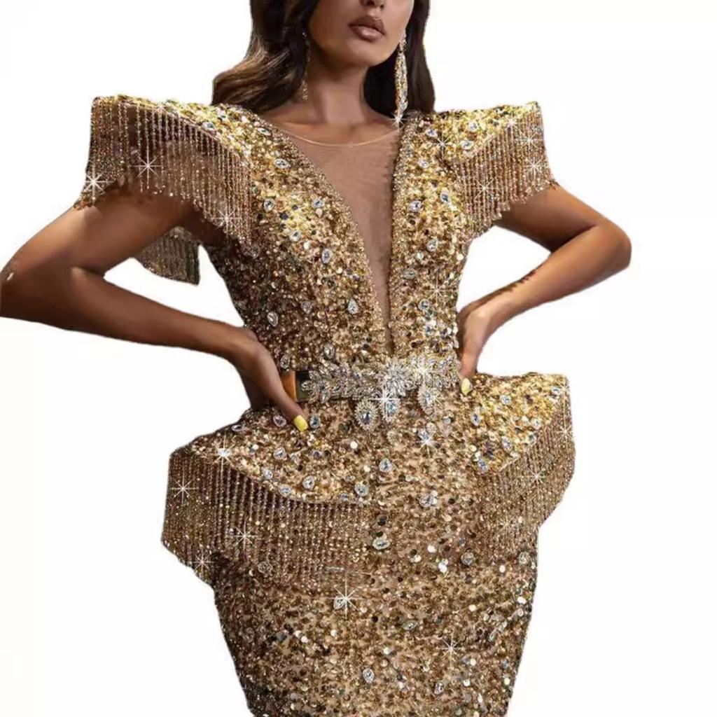 Herbst Winter Damen Sexy Pailletten Quasten Schleppe Bodycon Bankett Partykleid für den grenzüberschreitenden Handel