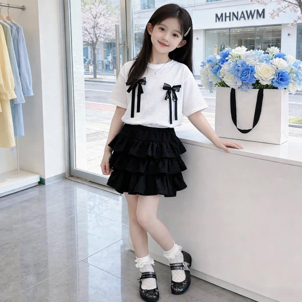 Completo estivo a due pezzi per bambina in stile coreano con fiocco - Dolce e alla moda Outfit con gonna a torta