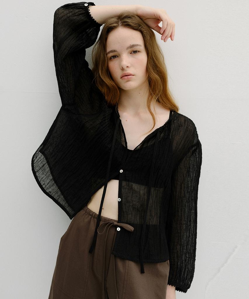 Beullaengkeu03 Wrinkled Linen Blouse (Black)