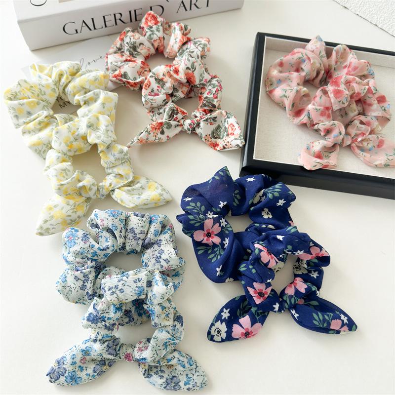 Romantic Floral Print Scrunchies Soft Chiffon Hair Ties Summer Sweet Garden Style Hair Accessories For Teen Girls Party