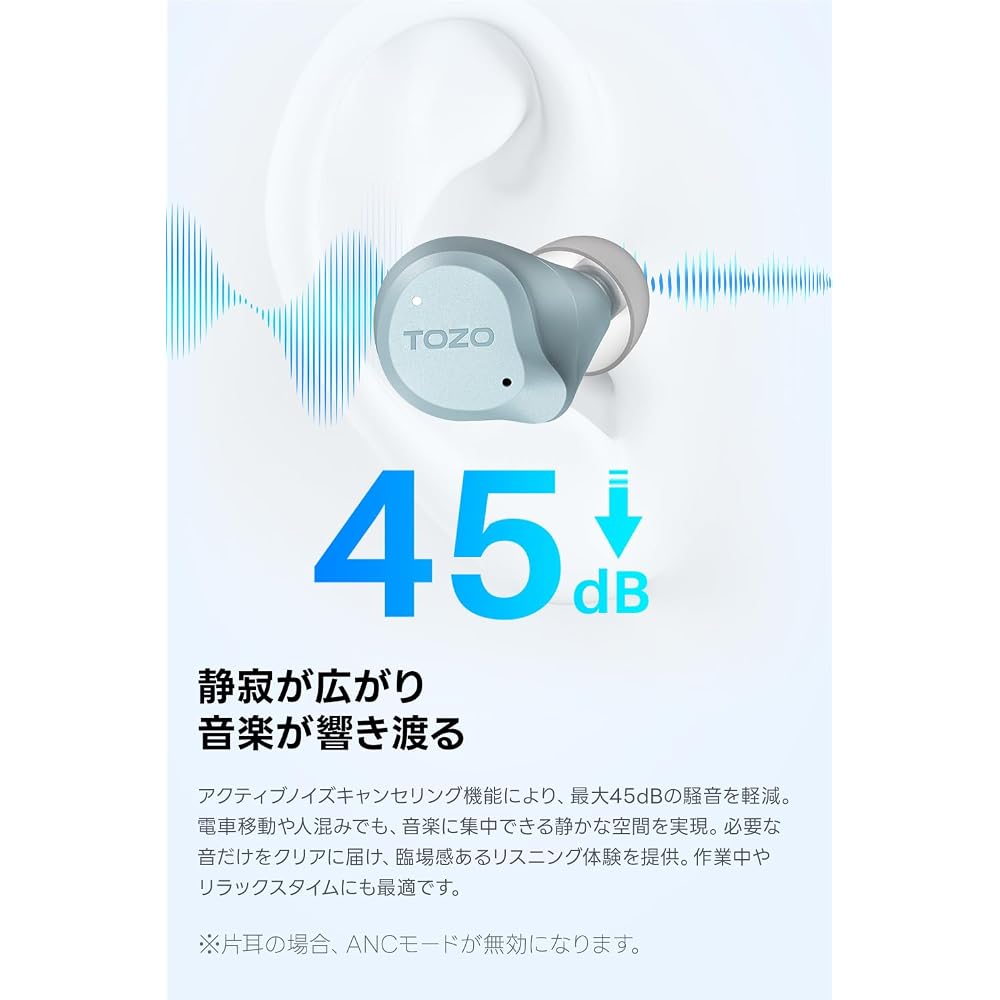 [VGP 2026 Award Winner] TOZO NC9 Earphones Bluetooth Wireless Earphones Active Noise Cancellation 45dB Reduction Compact and Lightweight Mid-Low Frequ