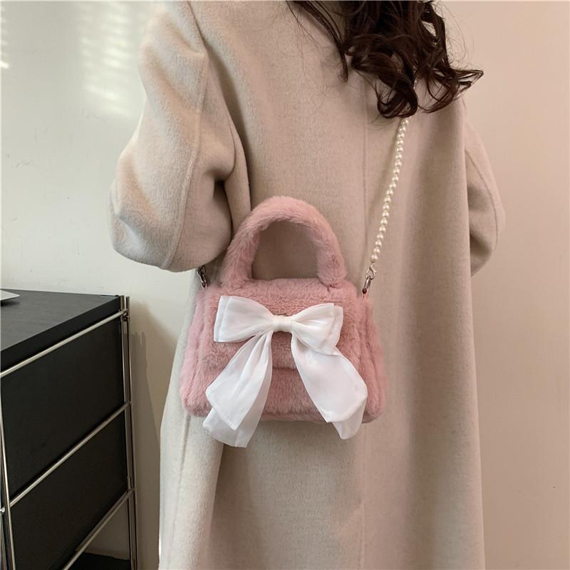 Süße Schleife, süße, mädchenhafte Plüschtasche, Pendeltasche aus Plüsch mit Perlen, Hand-Schulter-Umhängetasche