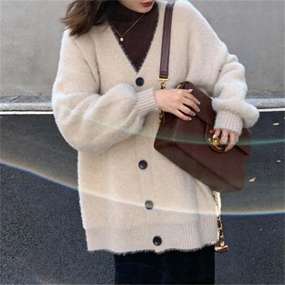Mink Fleece Jacket Women's Autumn Short Lazy Wind Plush Knitted Cardigan Gentle V-neck Loose Top