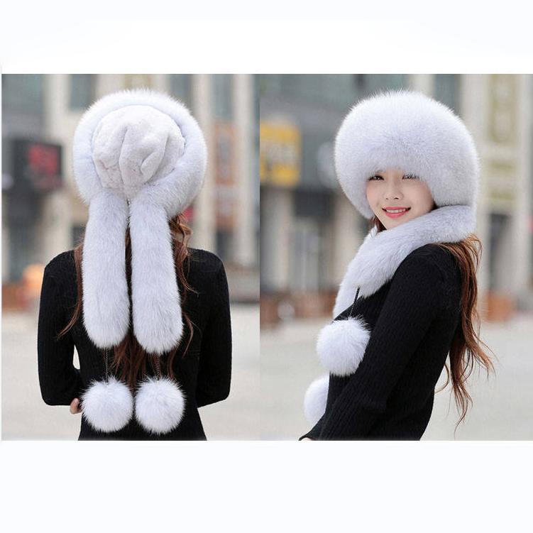 Autumn Winter New Women Faux Fox Fur Outdoor  Keep Warm Protect Ears Tail Russian Snow Hat Caps