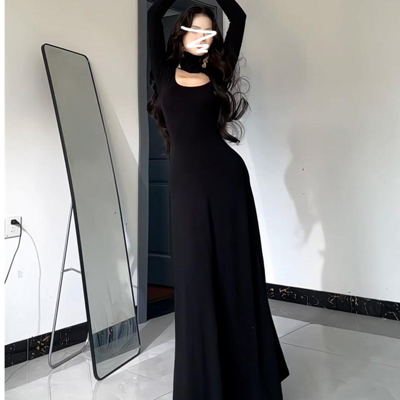 Women's Slimming French Black Long-Sleeve Dress - Early Winter 2026 Collection, High-End Feel, Elegant Inner Base Layer.