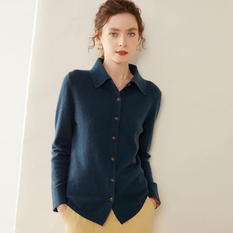 Women's Elegant Cashmere Knit Polo Cardigan - Slimming Autumn/Winter Base Layer