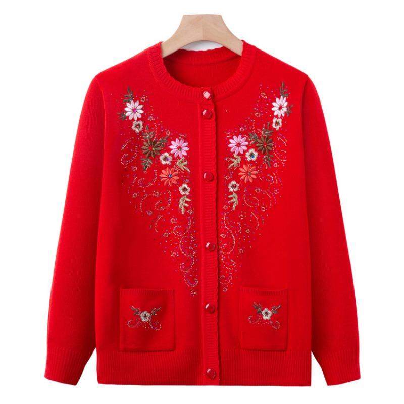 Old Lady Autumn and Winter Knitted Sweater Jacket Grandma Thin Embroidered Sweater Middle Old Man Mother Cardigan