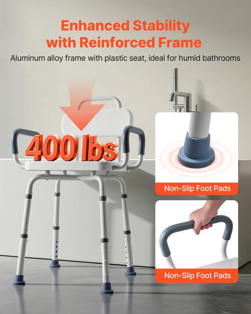 Swivel Shower Chair with Arms and Back, 180 kg Load Heavy Duty Bench Seat for Inside Shower Stall and Bathtub, Height Adjustable Bathroom Bath Tub