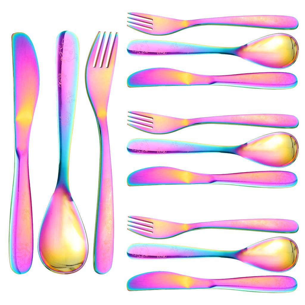 12Pcs Stainless Steel Toddler Utensils Set Cartoon Kid Silverware Set Mirror Polished Child Knife Fork and Spoon Kit Tableware
